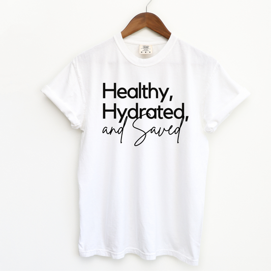 Healthy Hydrated and Saved White Women s/s Tee black writting
