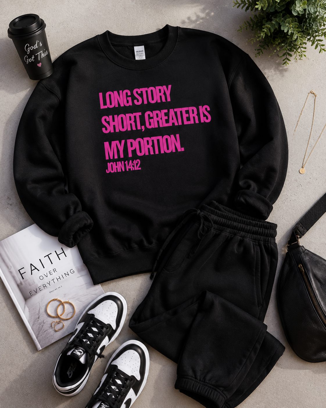 Long Story Short, Greater Is My Portion™ Sweatsuit | Faith-Based Christian Apparel