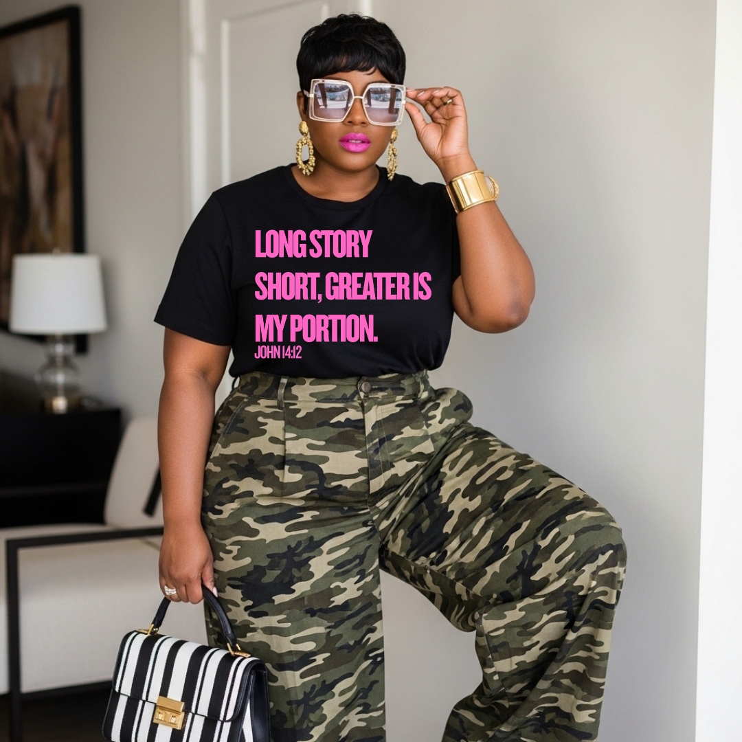 Christian Statement T-Shirt “Greater Is My Portion” John 14:12 Faith Shirt for Women | Bold Scripture Tee | Christian Apparel for Women