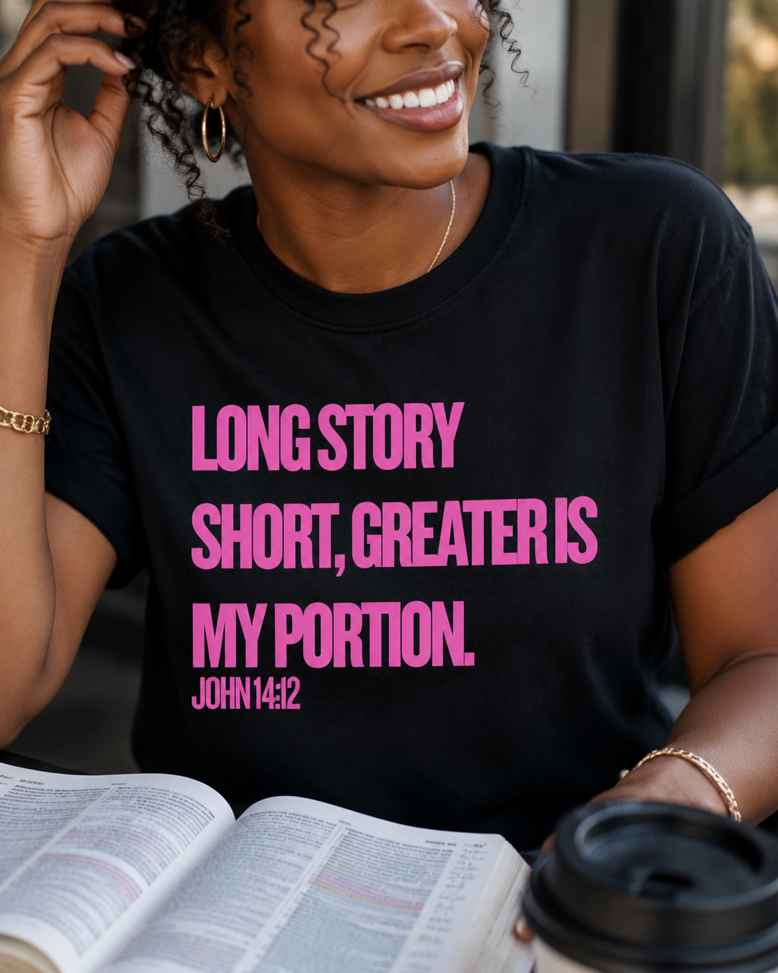 Christian Statement T-Shirt “Greater Is My Portion” John 14:12 Faith Shirt for Women | Bold Scripture Tee | Christian Apparel for Women