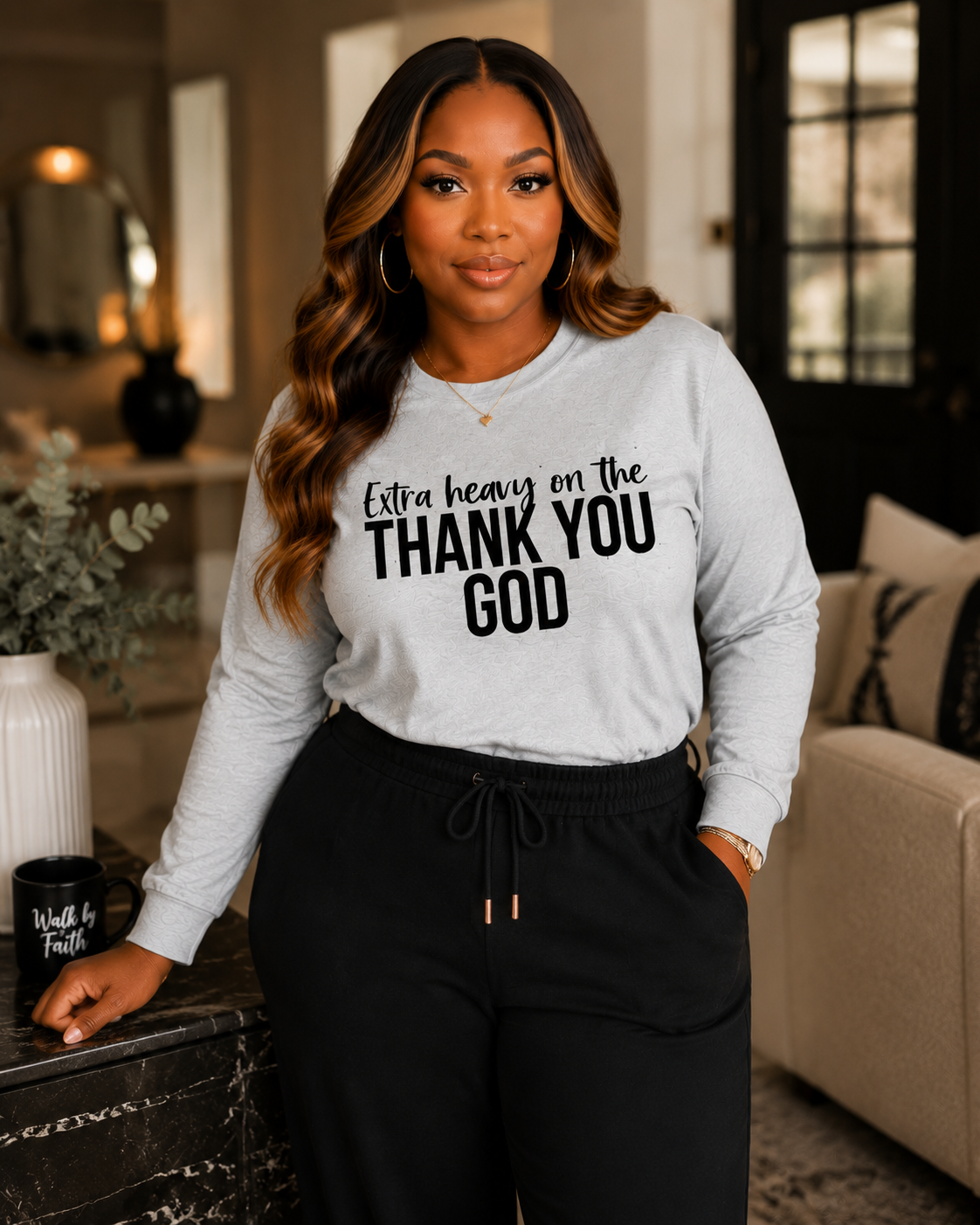 Extra Heavy on The Thank You God Long Sleeve Black Letters