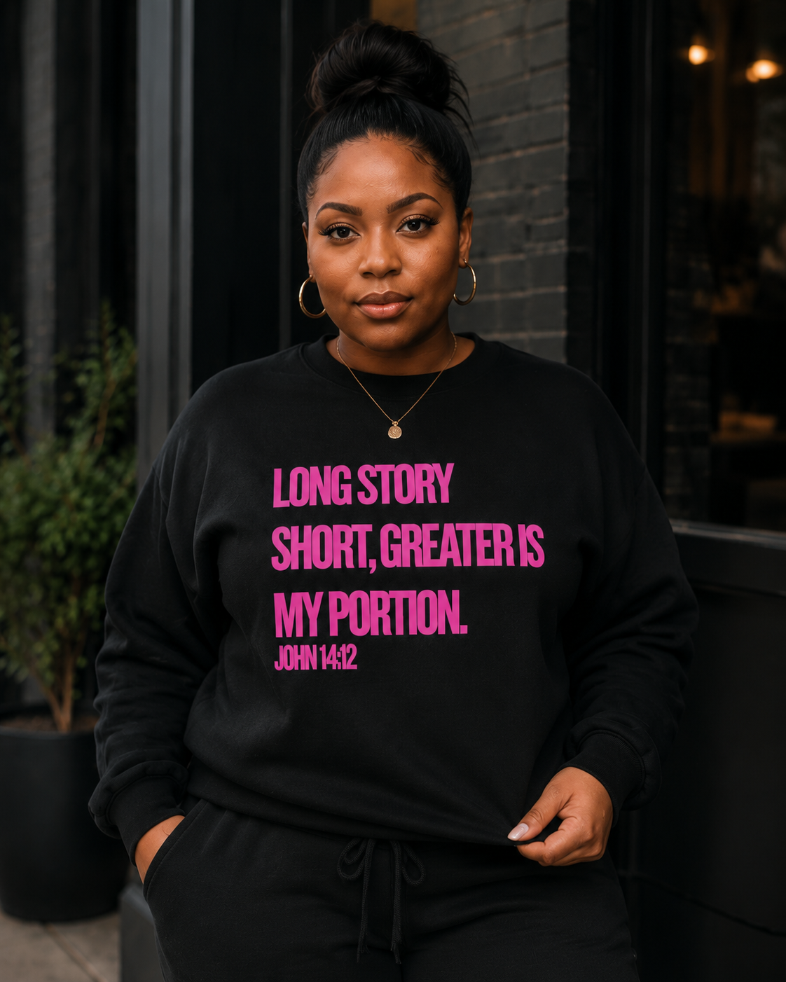 Long Story Short, Greater Is My Portion™ Sweatsuit | Faith-Based Christian Apparel