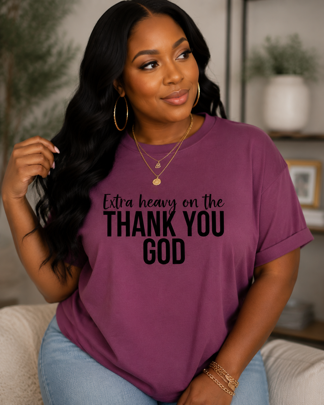 Extra Heavy on the Thank You God T-Shirt Christian Graphic Tee for Women | Faith-Based Gratitude Shirt