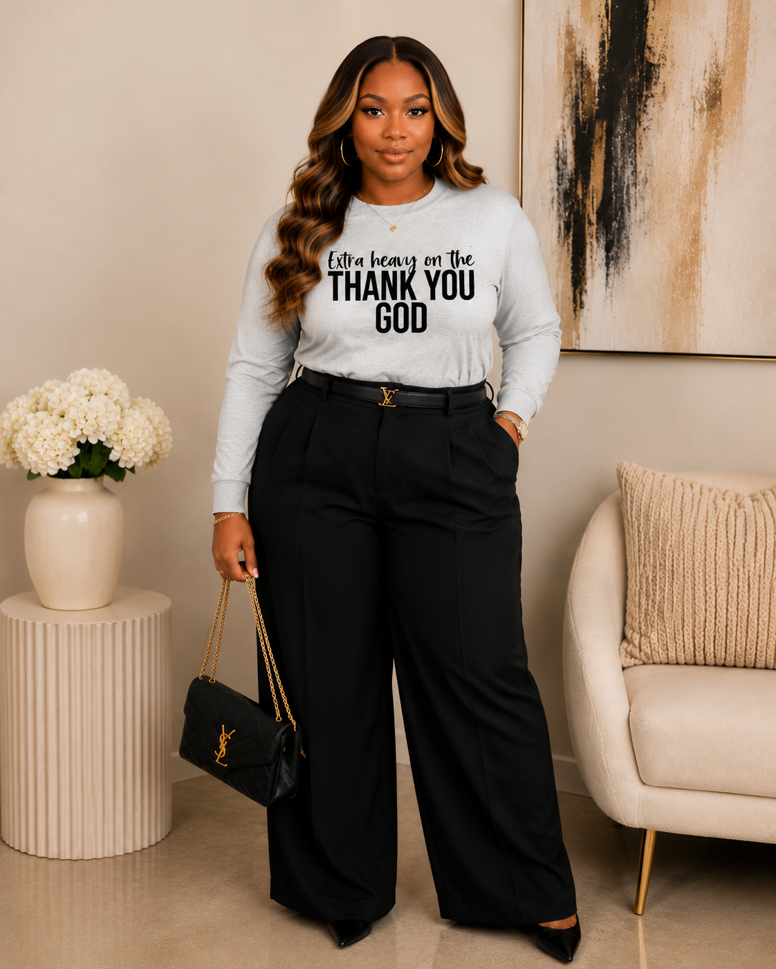 Extra Heavy on The Thank You God Long Sleeve Black Letters