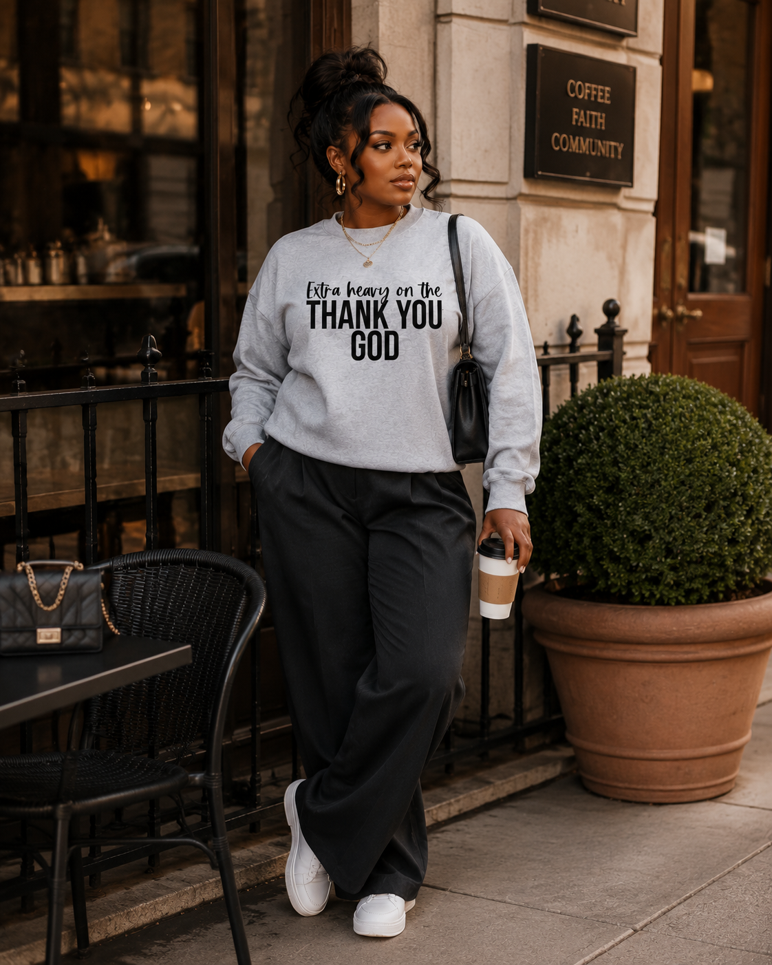 Extra Heavy on the Thank You God Unisex Crewneck Sweatshirt Black Letters