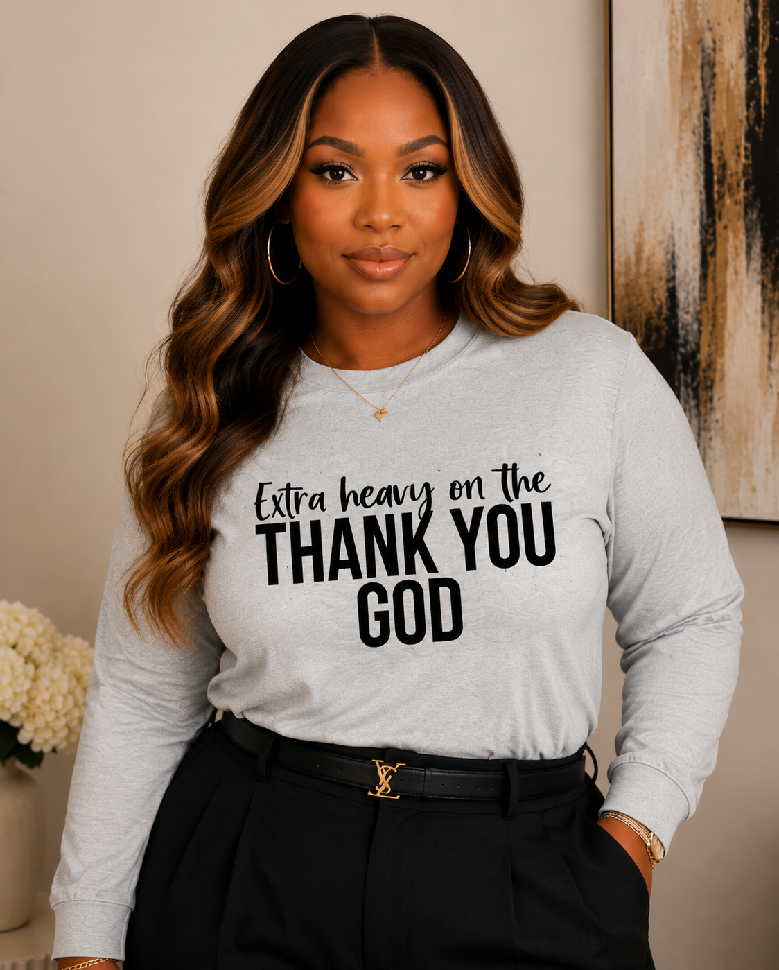 Extra Heavy on The Thank You God Long Sleeve Black Letters