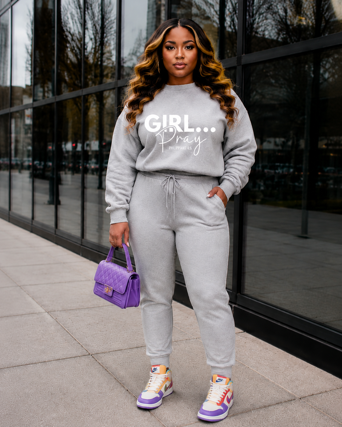 Girl… Pray™ Gray Christian Sweatshirt | Philippians 4:6 Faith Apparel