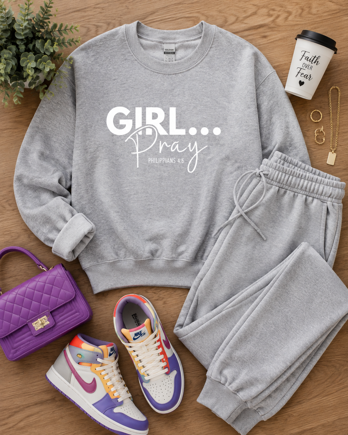 Girl… Pray™ Gray Christian Sweatshirt | Philippians 4:6 Faith Apparel