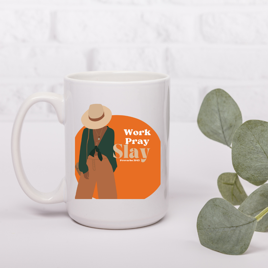 Work. Pray. Slay Proverbs 31:13 15oz ceramic white mug colorful design with black women and scripture.